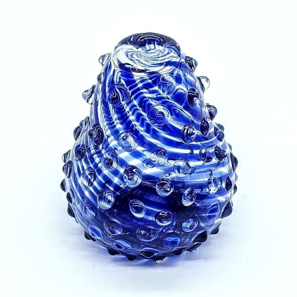 Artisan Signed Cobalt Blue Swirl Hobnail Glass Bud Vase